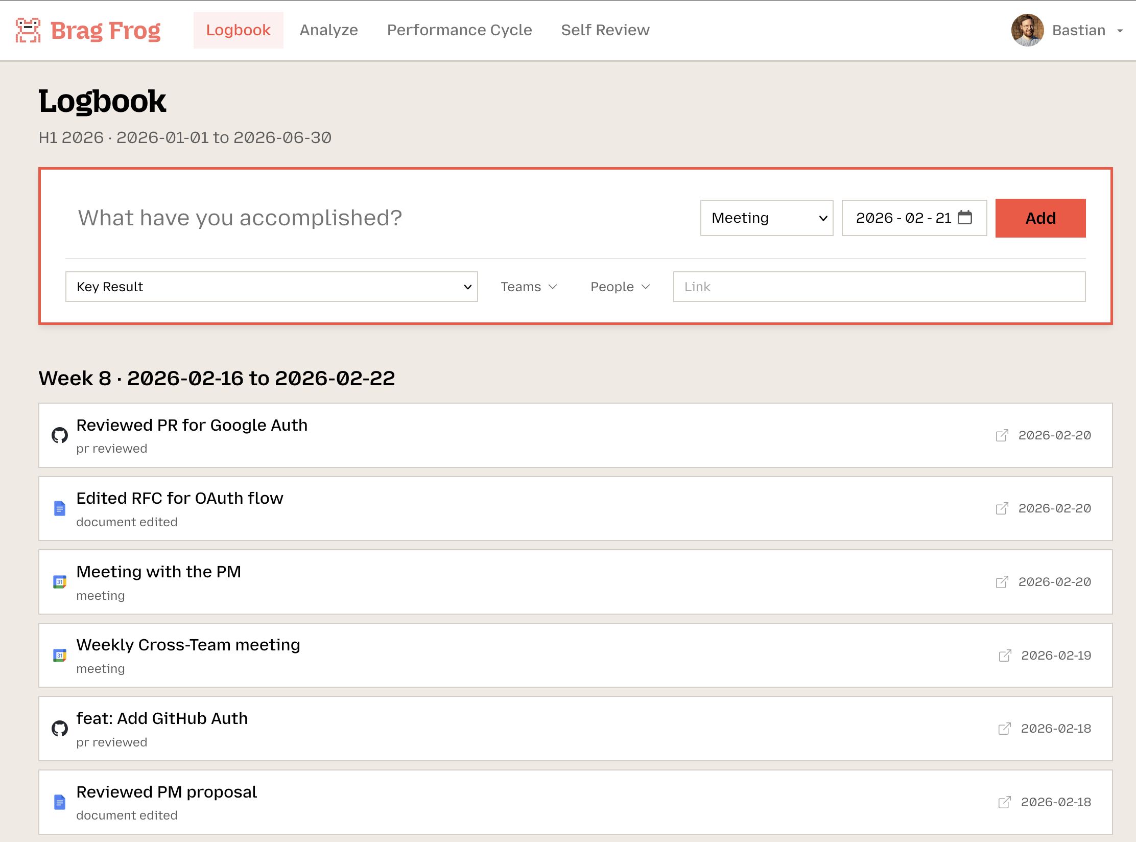 Logbook view showing weekly entries